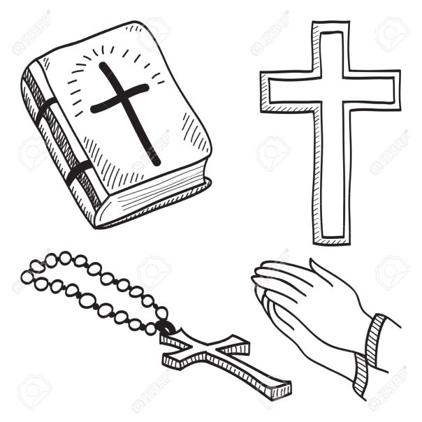 13563316-Christian-disegnati-a-mano-illustrazione-dei-simboli-croce-Bibbia-le-mani-rosario-Archivio-Fotografico